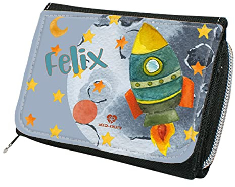 wolga-kreativ Personalisiertes Geldbeutel Kinder mit Namen - Portemonnaie für Mädchen oder Junge mit Weltall Astronaut Rakete Motiv - Geldbeutel Mädchen Junge Kinder Geschenk mit Namen
