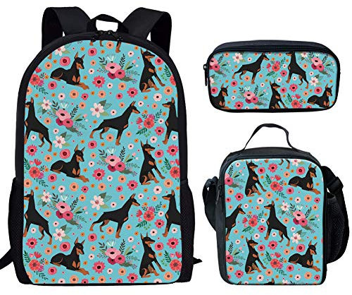 Binienty 3-in-1-Rucksack mit Lunchtasche und Federmäppchen für Kinder, Jungen, Mädchen, Schulschulranzen, Doberman-Blume, Einheitsgröße,
