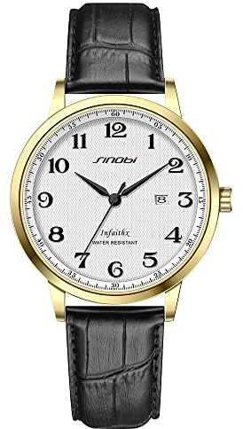 SINOBI Klassisches Geschäft Herrenuhren Arabische Ziffern Easy Reader Armbanduhren für Männer mit Kalenderdatum Wasserdicht (Gold-Black-Leather)