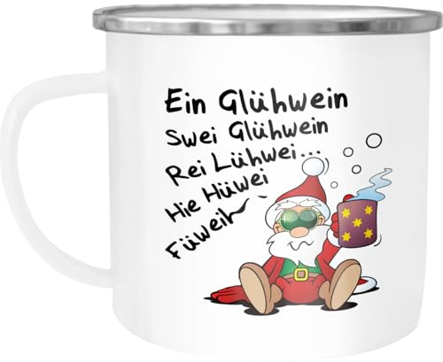 MoonWorks® Emaille-Tasse Glühwein Spruch Weihnachten Weihnachtsmarkt Nikolaus Weihnachtsmann Emaille-weiss-silber standard
