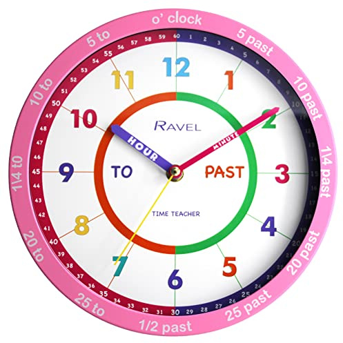 Ravel Children's 25cm Time Teacher Wall Clock - R.KC.08 - Analogue Quartz - Pink