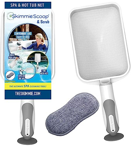 The Skimmie Scoop - Patented Handheld Skimmer with Fine Mesh Net for Spa, Hot Tub, and Small Pool Cleaning - Lightweight and Durable with Powerful Suction Cup - Fits in Filter Compartment (White)