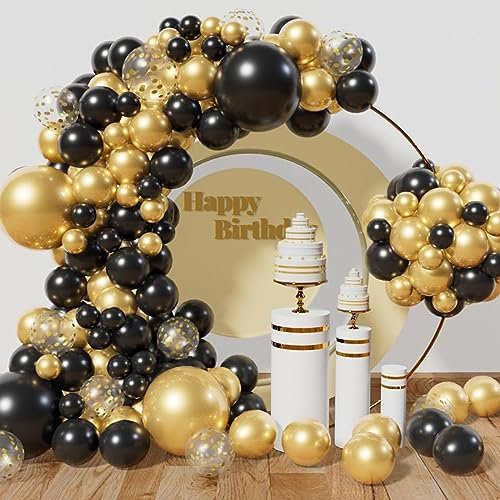 Black and Gold Balloon Arch Kit, 137Pcs Metallic Gold Black Latex Balloons Garland Arch Kit for Boy Men Women Birthday Party Decorations New Years Wedding Anniversary Graduation Anniversary