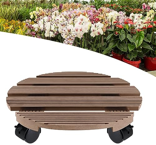 ACXIN WPC-Pflanzenroller Ø 30 x 30 cm, Rollbrett Pflanzen Blumentopf für den Innen- sowie Außenbereich, Tragkraft 100 kg mit Bremse (Braun, Rund)