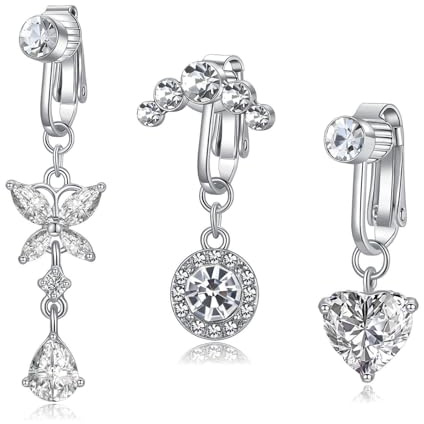 Besyvvin 2stk Clips on Bauchnabepiercing Fake Faux Bauchpiercing Silber Gold mit Schmetterling Herz Anhänger Damen Falsches Piercing Bauchnabel Schmuck