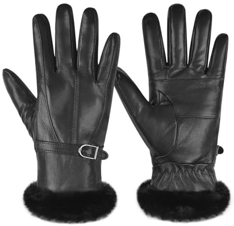Harssidanzar Damen Lederhandschuhe Winter Thermo Fellgefüttert SL022EU