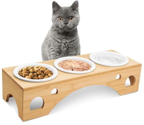 Cinnani Ciotole per Gatti Rialzate, Ciotole per Cani, 3 * 300ML Ciotola Gatto Ceramica, Base Antiscivolo in Bambù Per Cani Piccoli Gattini
