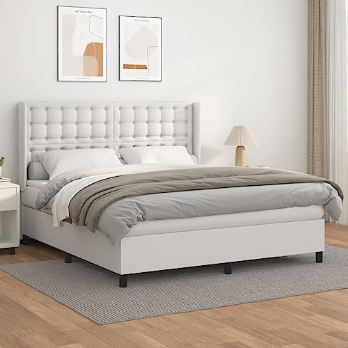 ZQQLVOO Bed Frame Lattenrost Palettenbett Bodenbett Boxspringbett mit Matratze Weiß 180x200 cm Kunstleder