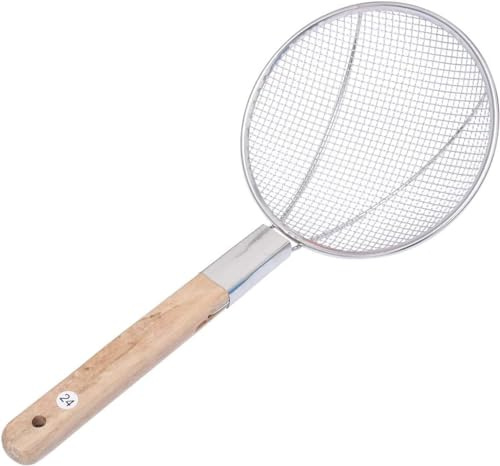 YSAMAX Skimmer Strainer Spoon, Stainless Steel, Comfortable Grip, Thicken Wooden Handle, Skimmer Ladle, Home Kitchen Strainer, Fine Mesh Design, Easy to Clean, Sieve for Kitchen (18 CM)
