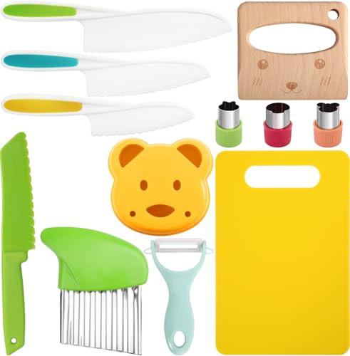 Jeffbaubl 12 Stück Kindermesser Set, Kinder-Küchenmesser-Set | Mit Holzmesser Schneidebrett Schäler, Kinder Messer Nylon-Kochmesser, Kochen Küchenmesser für Kuchen Salat DIY-Form