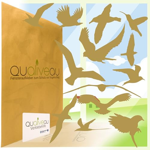 Qualiveau® 12-30cm Große Fensterbilder Aufkleber zum Schutz vor Vogelschlag, Komplettset mit Verklebehilfe (Gold Seidenmatt)