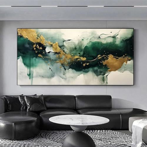 Abstraktes Ölgemälde mit Marmor-Motiv in Grün, Weiß und Gold, Wandkunst, Bild für Wohnzimmer, Leinwand, moderne Kunst, Posterdruck, Dekor, 70 x 140 cm, rahmenlos