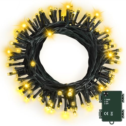 Lichterkette Außen Batterie, 10M Warmweiß Weihnachtsbeleuchtung mit Timer | LED Lichterkette Weihnachtsbaum, IP65 Wasserdicht Weihnachtsdeko für Innen Garten Hochzeit Party Weihnachten, Grünes Kabel