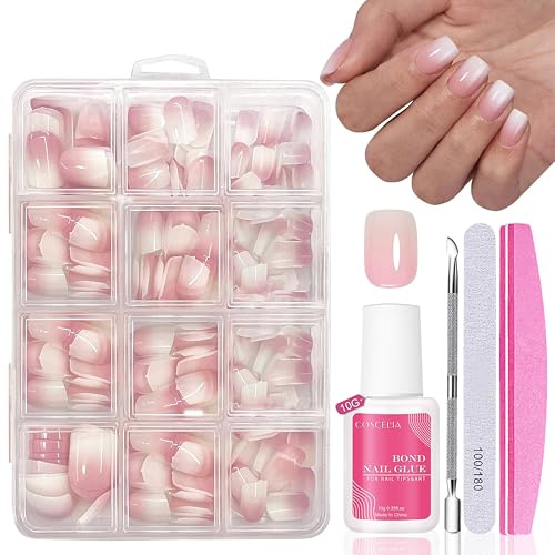 Set med nagelspetsar – 240 stycken franska falska naglar för limning - rosa vit gradient design, heltäckande nageltips, mjuka gelfalska naglar, naturlig bärbarhetskänsla, och