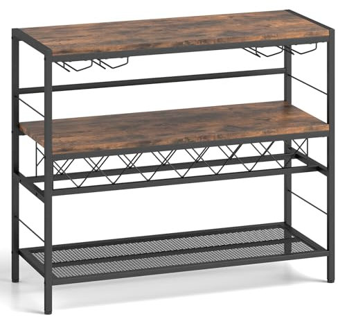 GiantexUK 3-Tier Wine Rack Table, Metal Frame Wine Bar Cabinet with 7 Bottles Rack, Glass Holders & Anti-tipping Device, Industrial Display Shelving Unit for Dining Living Room Bar