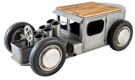 Licht-Erlebnisse Couchtisch Handarbeit Hot Rod mit Barschrank Flaschenhalter aus Stahlblech Mango Holz in Grau Natur 165 x 73 x 56 cm (LxBxH) Design Sofatisch