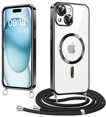 Woijrly Magnetische Handyband mit Band für iPhone 15 Hülle, [Kompatibel mit Magsafe] Handyhülle Case mit justierbarer Schnur Abnehmbar Strap, Crossbody Schutzhülle zum Umhängen Kordel, Schwarz