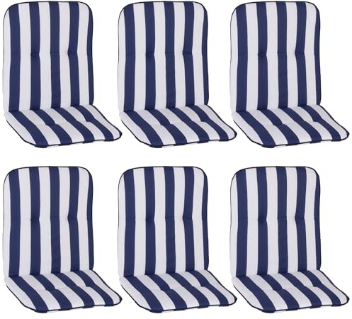 NYVI Niedriglehner Auflagen Hawaii 6er Set - 96x47 cm Blau Weiß Gestreift - Gartenmöbel Auflage mit 5 cm Polster und Gummi-Halteband