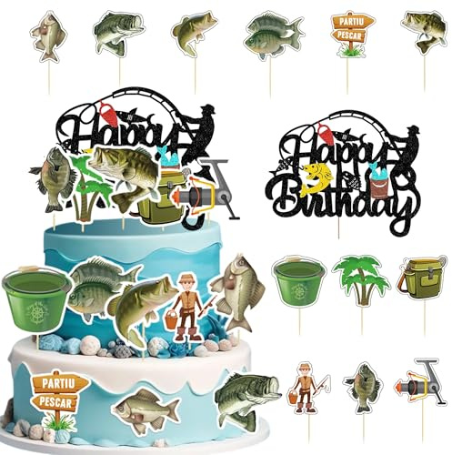 13 Pieces Fishing Cake Toppers Fishing Birthday Decorations Gone Fishing Cupcake Muffin Decor Fishing Birthday Party Decorations for Retirement Farewell Birthday Party Supplies