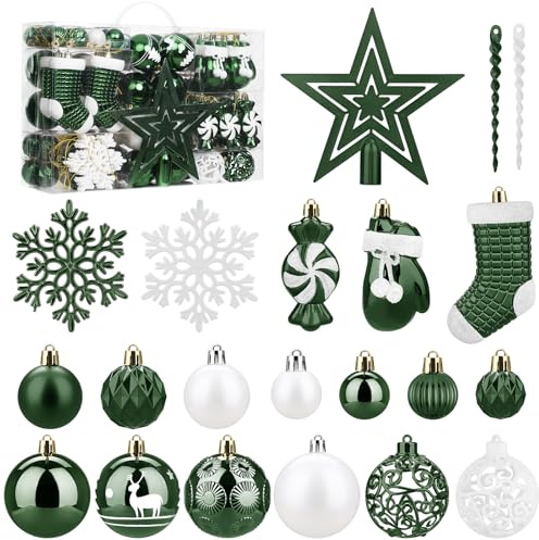 SOLEDI® 128er Set Premium Weihnachtskugeln Kunststoff Dunkelgrün Weiß mit Baumspitze Stern - Robuste und Sichere Christbaumschmuck Set mit Aufhängen - Christbaumkugeln Bunt, Mehrweg Weihnachtsdeko