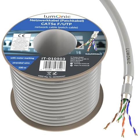 Lumonic LAN Cable de red 100m | LAN Cable CAT5e F/UTP | Cable de conexión 4x 2x AWG26/7 (varado) | 100MHz Gigabit Ethernet