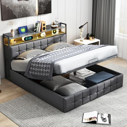 JYNVO 160 x 200 cm förvaringssäng med hydraulsystem, dubbelsäng med justerbar belysning, vadderad säng med USB- och typ C-portar i sänggaveln, grått linne, ungdomssäng