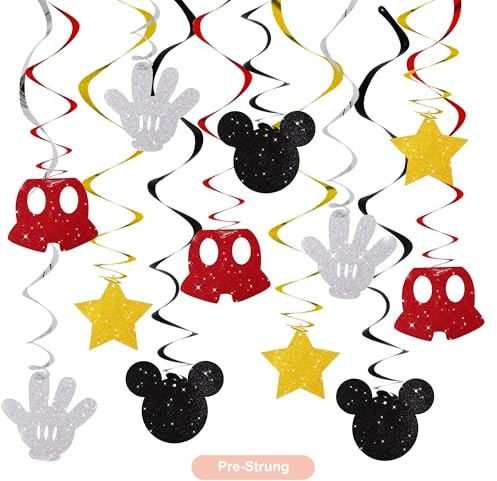 BEISHIDA 16 Pcs Mouse Hanging Swirl Decorations, Pre-Strung Mouse Birthday Party Decorations Red Gold Black Mouse Themed Birthday Party Supplies for Kids