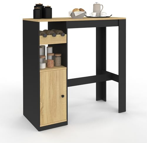 IDMarket - Table de Bar Ameri avec Placard et Range Bouteilles 2 Personnes Bois et Noir