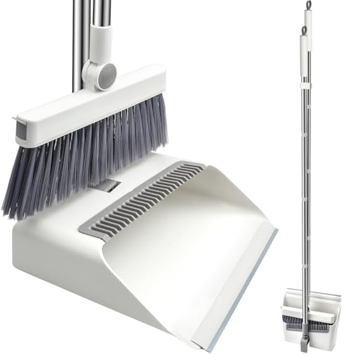 LHNNDM Long Handled Dustpan and Brush Set, Broom and Dustpan with Comb Teeth, 180 Degree Rotating Sweeping Brush, Ideal for Indoor Outdoor Home Kitchen Office & Pet Hair Cleanup (white)