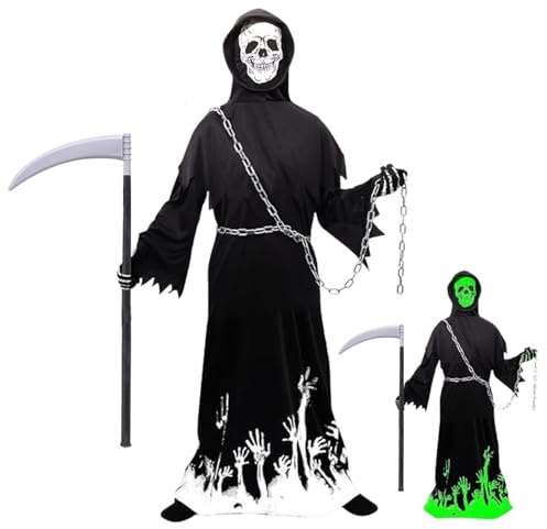 AQDJWHM Costume Morte Bambino, Costume Halloween Bambino, Set Horror Fosforescente-Falce Del Mietitore, Catena di Ferro, Guanti, Maschera, per Halloween Carnevale Cosplay, Festa a Tema Horror (L)