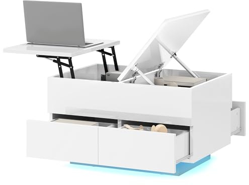 TAUS Couchtisch Höhenverstellbar Wohnzimmertisch Weiß Hochglanz mit Schubladen und verstecktem Stauraum, Modern Wohnzimmer Tisch mit 16-Farbiger LED Beleuchtung für Couch, 80 x 55 x 46 cm