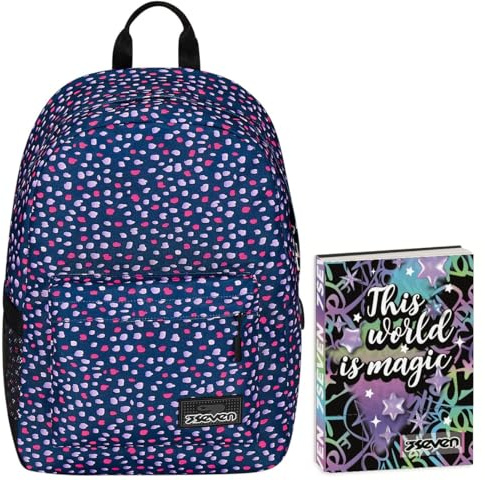 Zaino Monoscomparto Seven IschoolPack, Viola e Rosa, Con Power Banck integrato e Usb Plug, Scuola e Viaggio + Seven Diario 12 Mesi, Nero, Ragazza