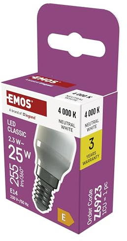 EMOS - Bombilla LED para frigorífico, 2,3 W LED de repuesto para bombilla de 25 W - Bombilla LED con casquillo E14, brillo 255 lúmenes, luz blanca neutra 4000 K - 25 000 h de vida útil, ángulo de haz