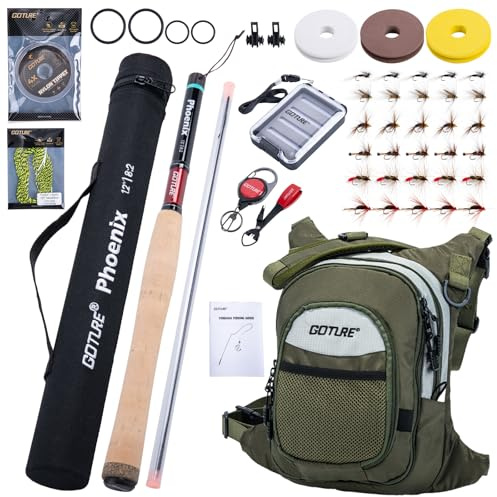 Goture 12ft 3.6m Tenkara Rod with Fly Fishing Chest Bag & Spare Tip Section, Complete Beginner Tenkara Fishing Kit, 8:2 MF-Action 24T+30T Carbon Fiber, Cork Handle, Ideal for Travel Hiking Camping