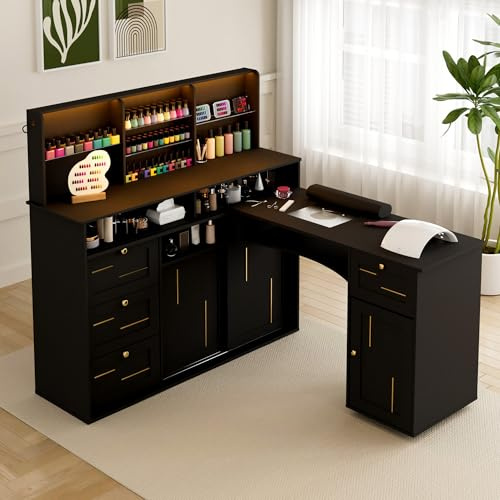 HolaiNail Manicure Table with Dust Collector, L-Shaped Nail Desk with Mobile Desktop, LED Light, Glass Display Rack, Storage Cabinets and Drawers for Home Spa Beauty Salon Nail Station, Black