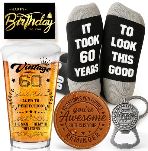 Joybble 60th Birthday Gifts for Men, 60th Birthday Gifts for Men with Greeting Cards, 60 Years Old Beer Glass in Vintage Box, Christmas Personalised Presents Beer Glasses Set, Christmas Presents