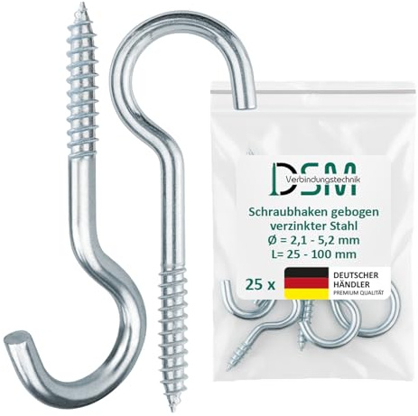 DSM – Schraubhaken 5,2 x 100 mm – Holzgewinde – galv. verzinkt – 25 Stück | gebogen [TrueSpec Präzision] geeignet für Holz, Beton & Mauerwerk – Wandhaken, Deckenhaken, Hakenschrauben, Schraubenhaken