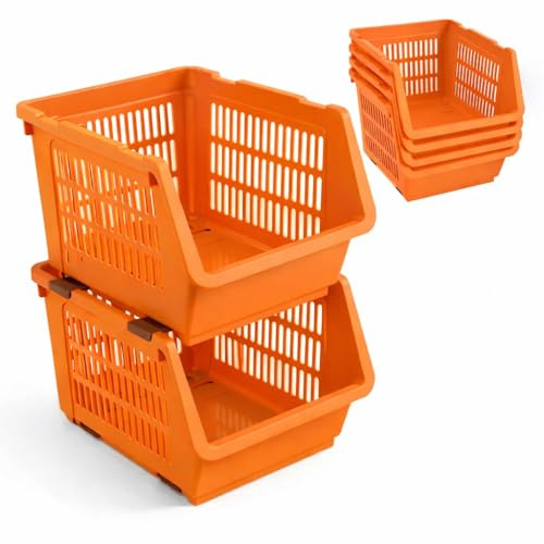 Cestini Impilabili per Frutta e Verdura – Set 2 Organizer Cucina e Dispensa con Apertura Frontale, Contenitori Ventilati Salvaspazio, Cestini Portaoggetti Cucina (Arancione, 35×28×22 cm)