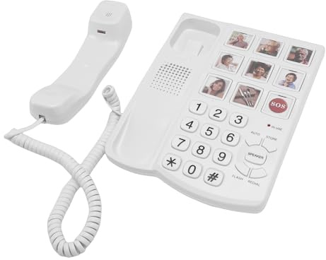 Asixxsix Telefon med Stora Knappar för Seniorer, 9 Stora Bildknappar med Justerbar Volym, Hög Ringsignal Upp Till 120dB, Fast Telefon med Sladd med SOS, för Synskadade äldre