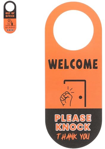 ABOOFAN Panneau de Porte de Bureau Double Face Bienvenue, Veuillez Frapper en Plastique Orange, 1 Pièce, Signalétique pour Poignée, pour Réunions et Espaces de Travail