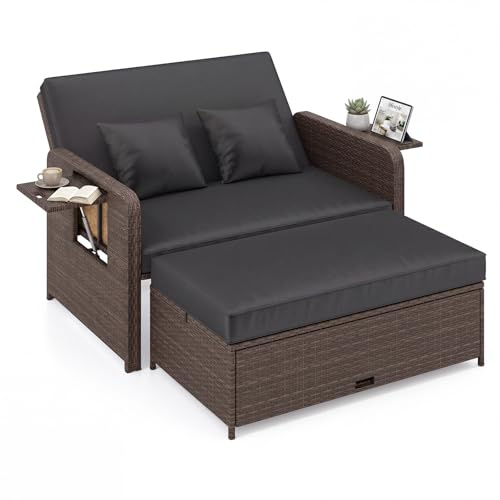 LIFEZEAL Lounge Outdoor, Doppelliege mit Liegefunktion, Rattan Tagesbett Sonnenliege mit Verstellbarer Rückenlehne, 2-Sitzer Gartensofa mit Seitentisch & Ottomane, bis zu 360kg (Mix Braun+Schwarz)