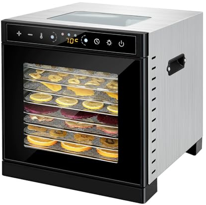 TIKATARER Deshidratador de Alimentos con Ventana de Visualización y Luz Incorporada, 8 Bandejas de Acero Inoxidable Temporizador Digital Temperatura Ajustable 30 ℃ a 90 ℃ para Carne (Enchufe europeo