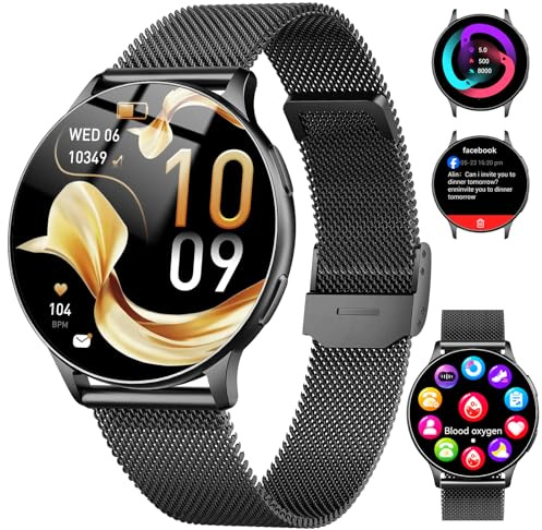 Smartwatch Herren Damen Rund, 1.32 HD AMOLED Herzfrequenz SpO2 Schlafmonitor Schrittzähler Uhr, Smart Watch Damen mit Telefonfunktion, 120+Sportmodi Fitness Tracker, IP68 Wasserdicht, Paare, Schwarz