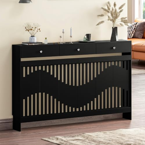 Luxstein Radiator Cover with Drawers, Black Wooden Radiator Shelf Pipe Covers Cabinet with Wavy Grill for Living Room Bedroom Hallway, 152Lx19Wx95Hcm