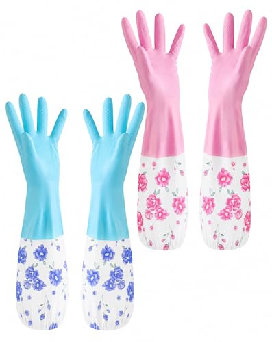 2 Pairs Rubber Dishwashing Gloves Waterproof Reusable Washing Up Gloves