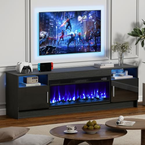 Quiniver 70 Black Electric Fireplace TV Stand With 36 Built-In Fire | 750W/1500W heat,12 flame colours,20 LED hues,8H timer,overheat safety,large storage,gloss finish,UKCA CE certified home unit
