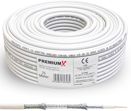 Premium X 25m Profi Koaxialkabel Kupfer 135dB 4-Fach SAT Antennenkabel Koax-Kabel DVB-S / S2 DVB-C DVB-T BK Anlagen Satellitenkabel