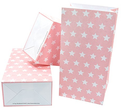 Frau WUNDERVoll® 12 PAPIERTÜTEN MIT BODEN ROSA, STERNE 12x7x24cm (Angebot) / Blockbodenbeutel, Tüte, Papiertüte, Geschenktüte, Geschenkbeutel, Gastgeschenk, Hochzeit, Mitgebseltüte, Falttasche