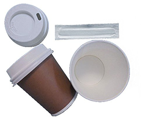 Lot de 300 gobelets à café en papier 10 cl + 300 couvercles avec bec + 300 palettes.