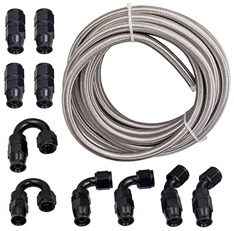 maXpeedingrods 6AN 20FT Stainless Steel Fuel Line Black Fitting Hose Kit | PTFE E85 AN6 Fuel Hoses + 10 PCS 6AN Hose End Adaptor Kit 20FT (Silver)